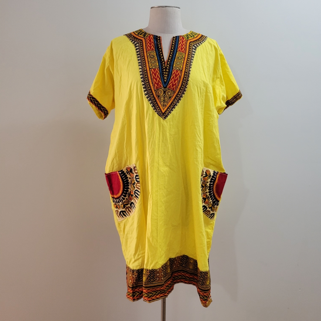 Yellow Short Sleeve Daishiki Midi Dress With Pockets Medium